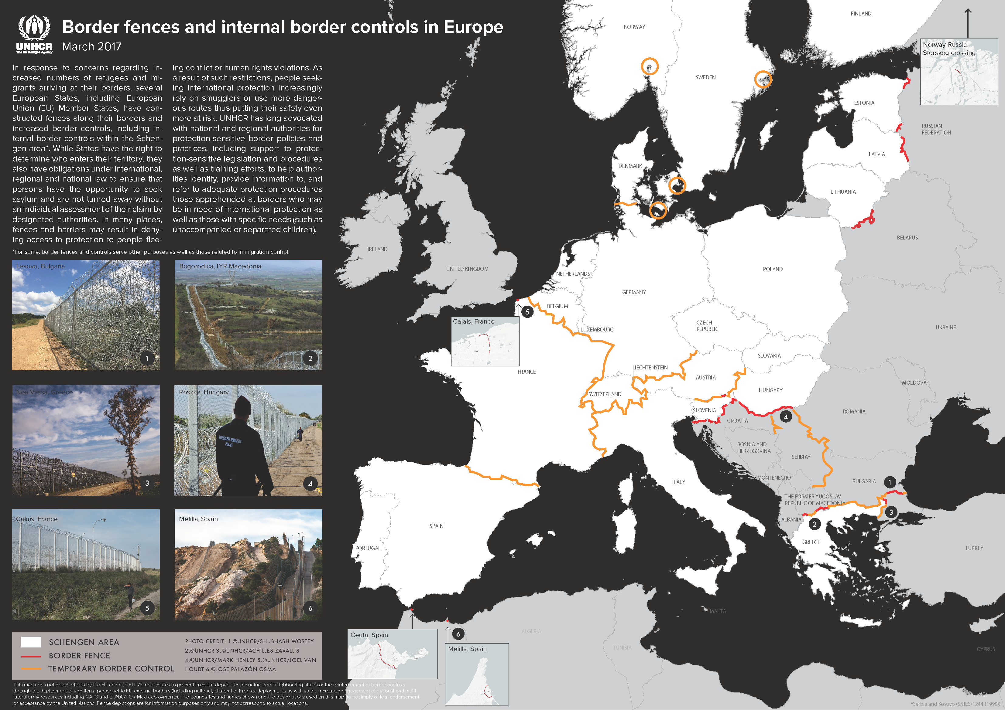 UNHCR map of border fences and internal border controls in Europe, March 2017