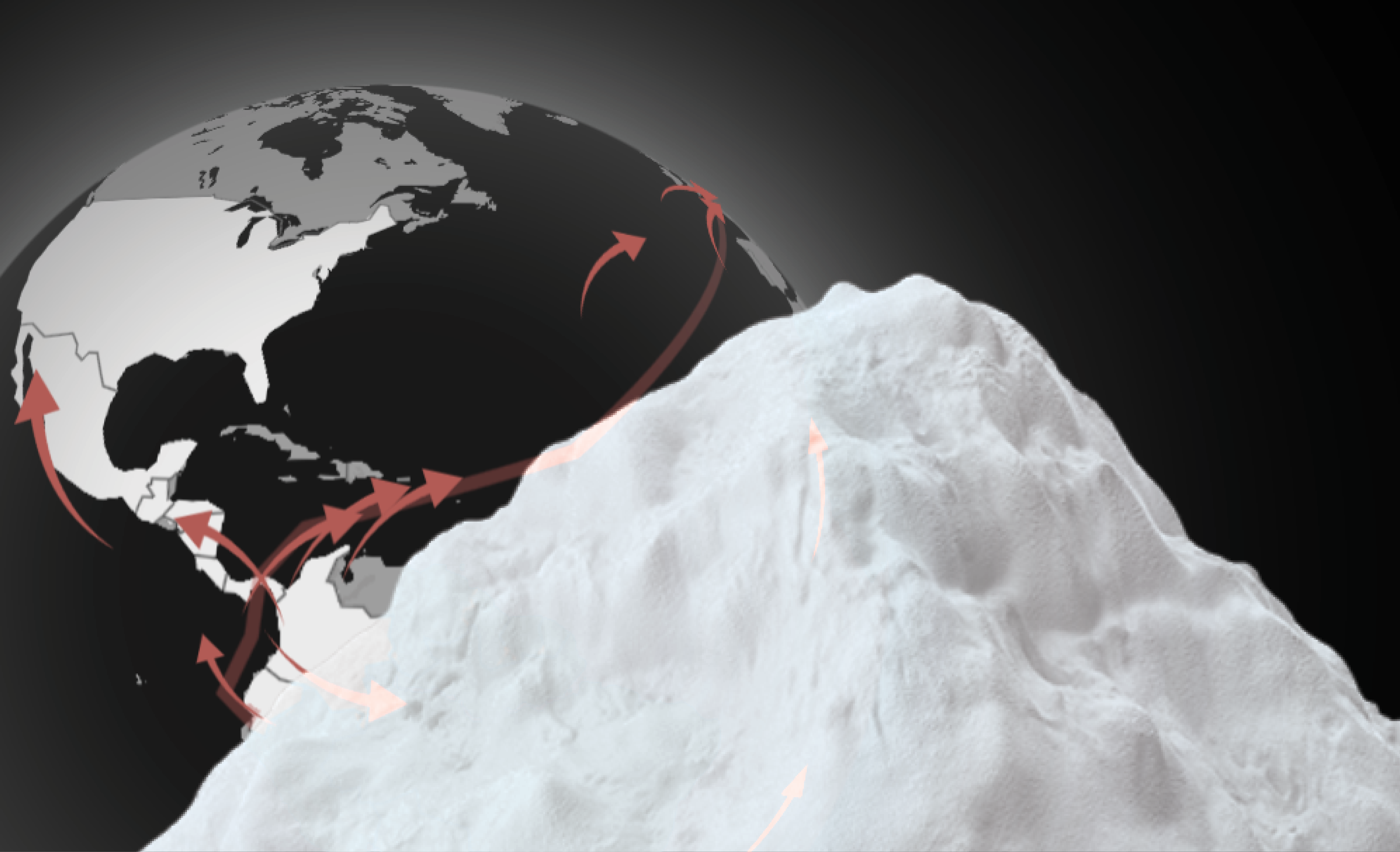 Globe graphic showing drug trafficking routes from Latin America to North America and Europe